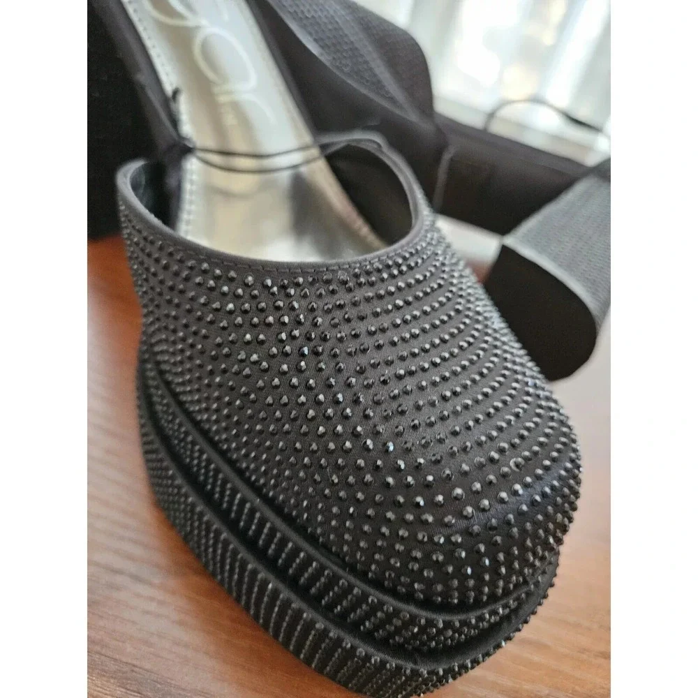 Sugar Platform Pumps Women 9 Black Willfully 2 Rhinestone Block Heel Ankle Strap